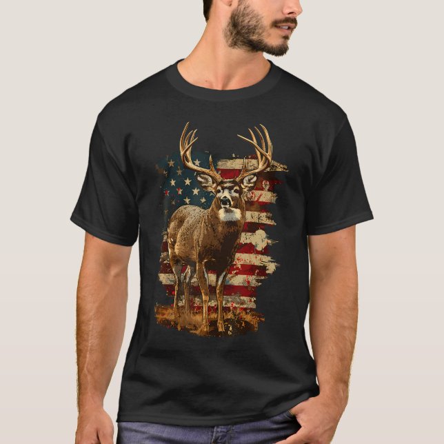 Whitetail Buck Hjort Hunting 4:e juli USA Americ T Shirt (Framsida)