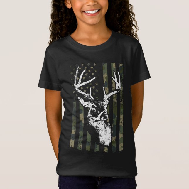 Whitetail Buck Hjort Hunting USA Camouflage Americ T Shirt (Framsida)