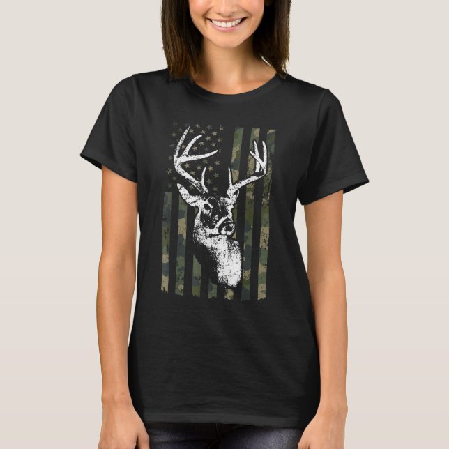 Whitetail Buck Hjort Hunting USA Camouflage Americ T Shirt (Framsida)