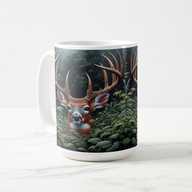 Whitetail Buck Hjort i Grönt Foliage Kaffemugg (Framsida vänster)