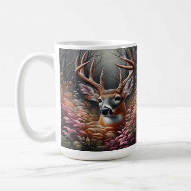Whitetail Buck Hjort Peeking through Forest Foliag Kaffemugg (Vänster)