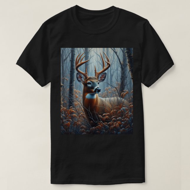 Whitetail Buck i Forest Träd T Shirt (Design framsida)