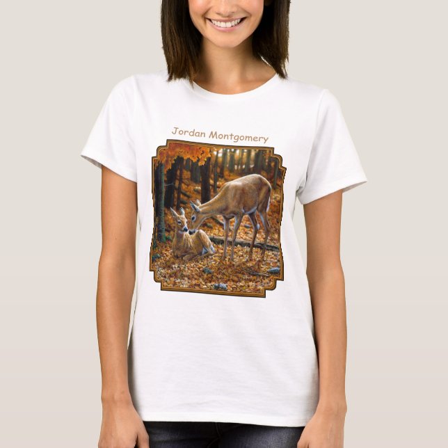 Whitetail Doe and Fawn Autumn T-shirt (Framsida)