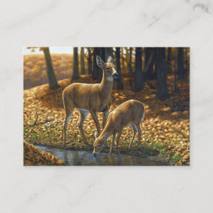 Whitetail Doe and Fawn Drinking från en ström Visitkort