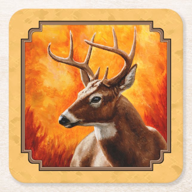 Whitetail Hjort Autumn Guld Underlägg Papper Kvadrat (Framsidan)