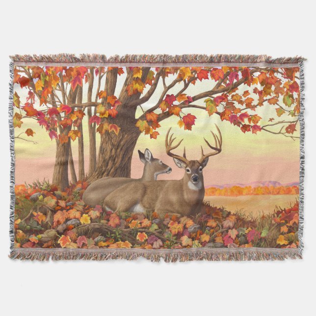 Whitetail Hjort Autumn Maple Träd Filt (Framsidan)