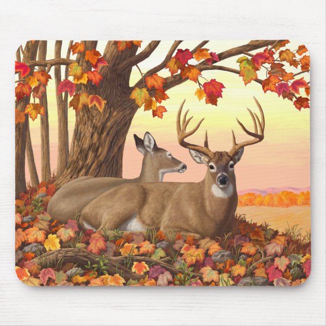 Whitetail Hjort Autumn Maple Träd Musmatta (Framsidan)