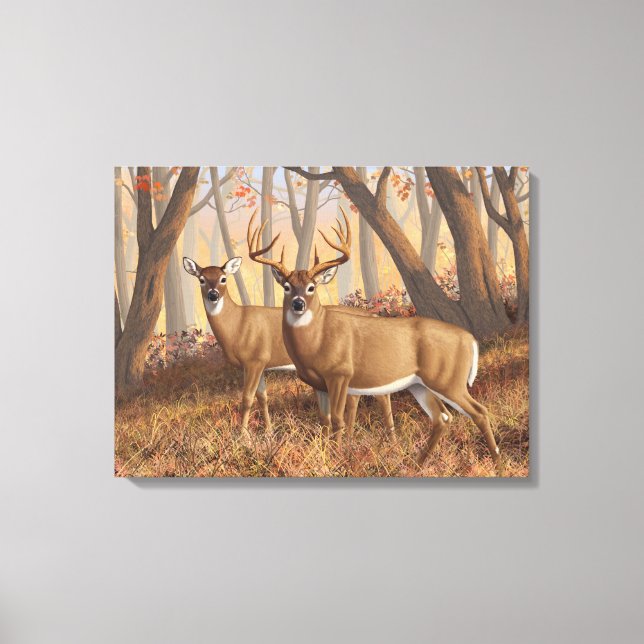 Whitetail Hjort Buck & Doe Autumn Maple Skogen Canvastryck (Framsida)