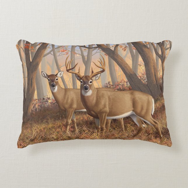 Whitetail Hjort Buck & Doe Autumn Maple Skogen Prydnadskudde (Framsidan)