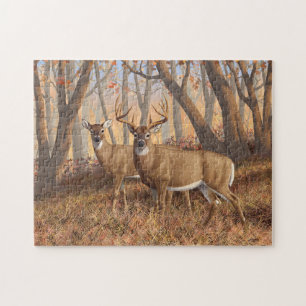 Whitetail Hjort Buck & Doe, höstmapel Träd Pussel