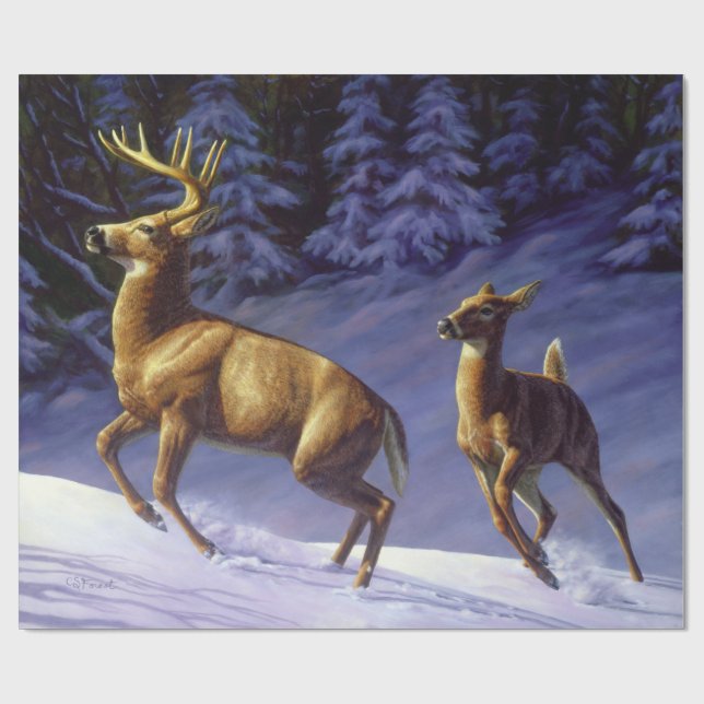Whitetail Hjort Buck & Doe i Winter Snö Presentpapper (Platt)