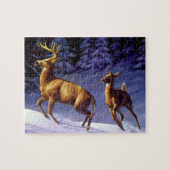 Whitetail Hjort Buck & Doe i Winter Snö Pussel (Horisontell)