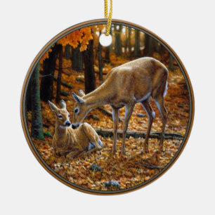 Whitetail Hjort Doe and Fawn Autumn Julgransprydnad Keramik