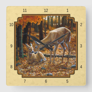 Whitetail Hjort Fawn & Doe Gult Fyrkantig Klocka