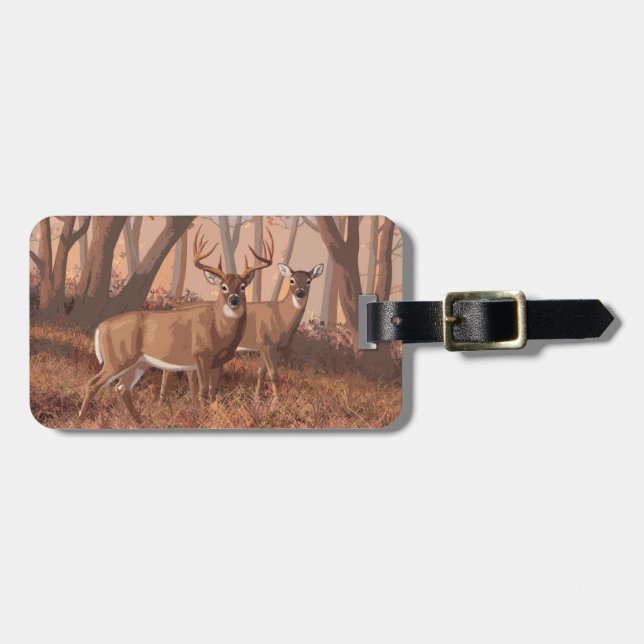 Whitetail Hjort i skogen Retro Stil Bagagebricka (Horisontell Framsida)