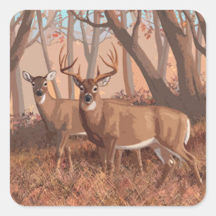Whitetail Hjort i skogen Retro Stil Fyrkantigt Klistermärke