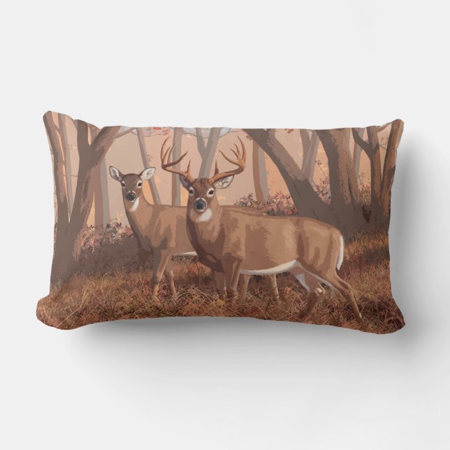 Whitetail Hjort i skogen Retro Stil Lumbarkudde (Framsida)
