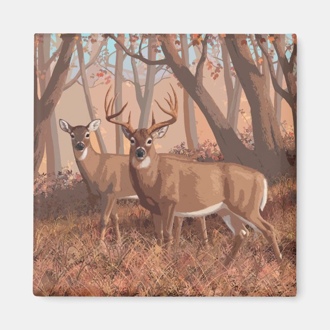 Whitetail Hjort i skogen Retro Stil Magnet (Framsidan)