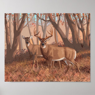 Whitetail Hjort i skogen Retro Stil Poster