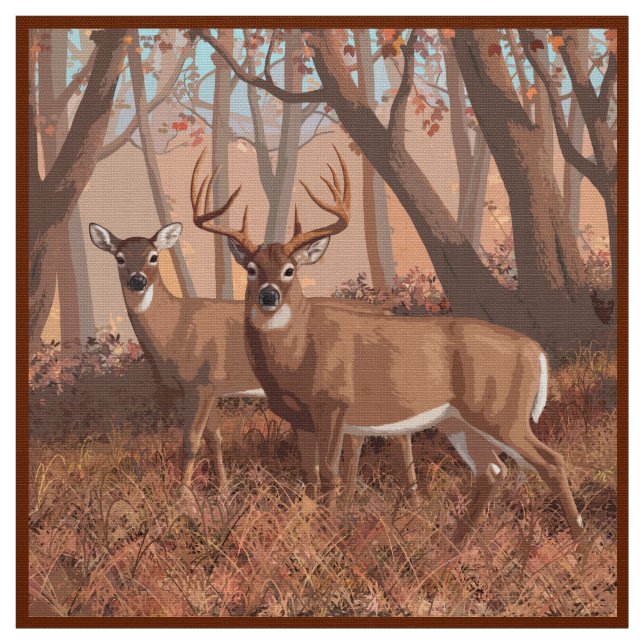 Whitetail Hjort i skogen Retro Stil Tyg (Provkarta)