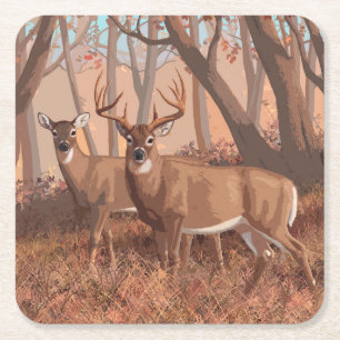 Whitetail Hjort i skogen Retro Stil Underlägg Papper Kvadrat