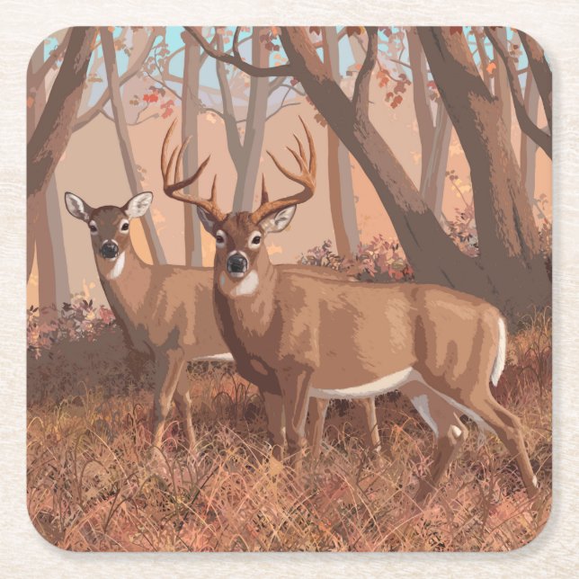 Whitetail Hjort i skogen Retro Stil Underlägg Papper Kvadrat (Framsidan)