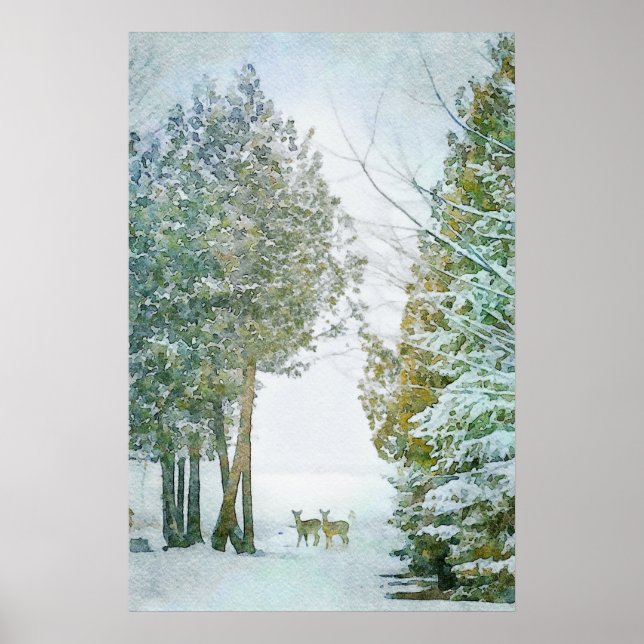 Whitetail Hjort i Winter Snö Wildlife Watercolor Poster (Framsidan)