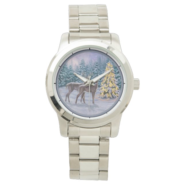Whitetail Hjort & Julgran Winter Scene Armbandsur (Framsida)