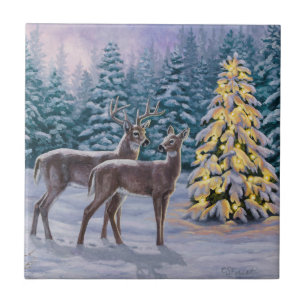Whitetail Hjort & Julgran Winter Scene Kakelplatta