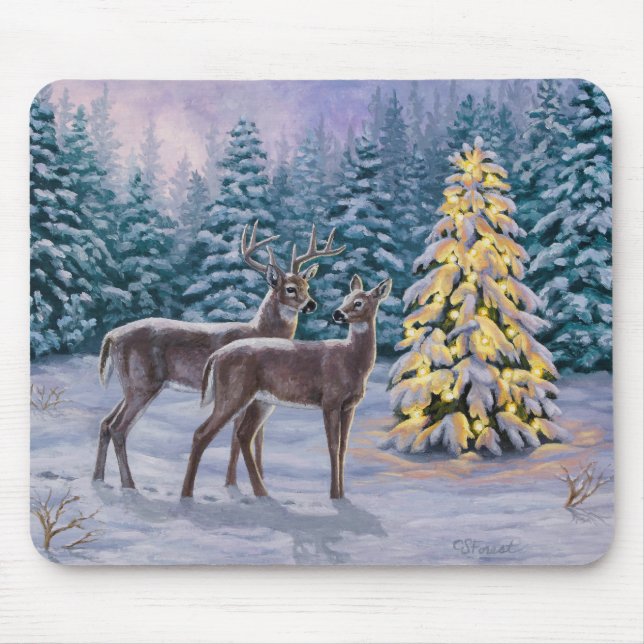 Whitetail Hjort & Julgran Winter Scene Musmatta (Framsidan)