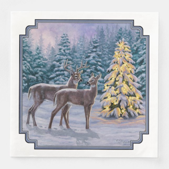 Whitetail Hjort & Julgran Winter Scene Pappersservett (Framsida)
