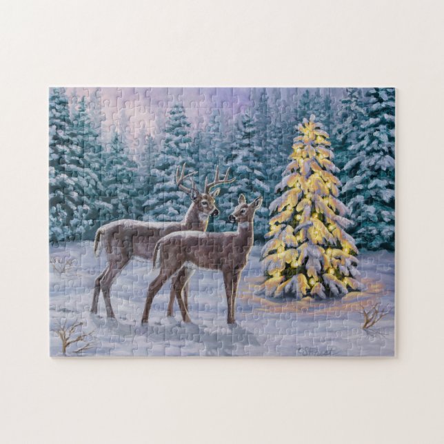 Whitetail Hjort & Julgran Winter Scene Pussel (Horisontell)