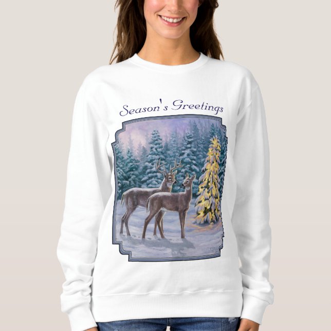 Whitetail Hjort & Julgran Winter Scene Tee Shirt (Framsida)