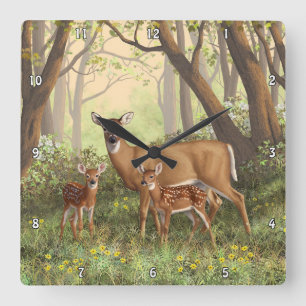 Whitetail Hjort och Cute Twin Fawings i Vår Fyrkantig Klocka