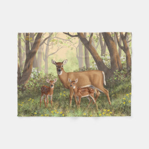 Whitetail Hjort och Cute Twin Fawns i Vår Fleecefilt