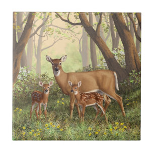 Whitetail Hjort och Cute Twin Fawns i Vår Kakelplatta