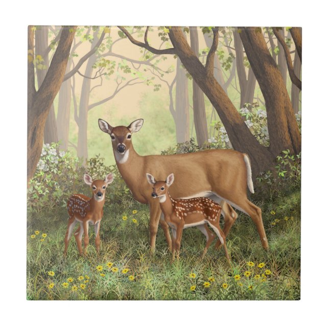 Whitetail Hjort och Cute Twin Fawns i Vår Kakelplatta (Framsidan)