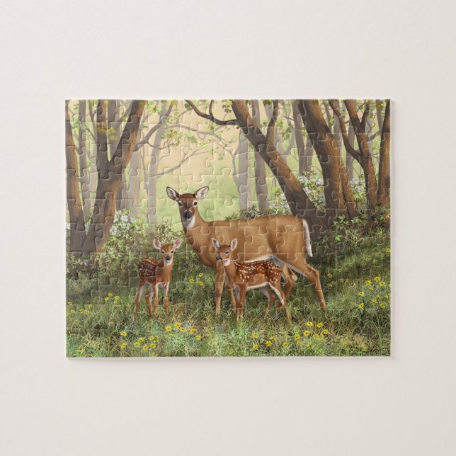 Whitetail Hjort och Cute Twin Fawns i Vår Pussel (Horisontell)