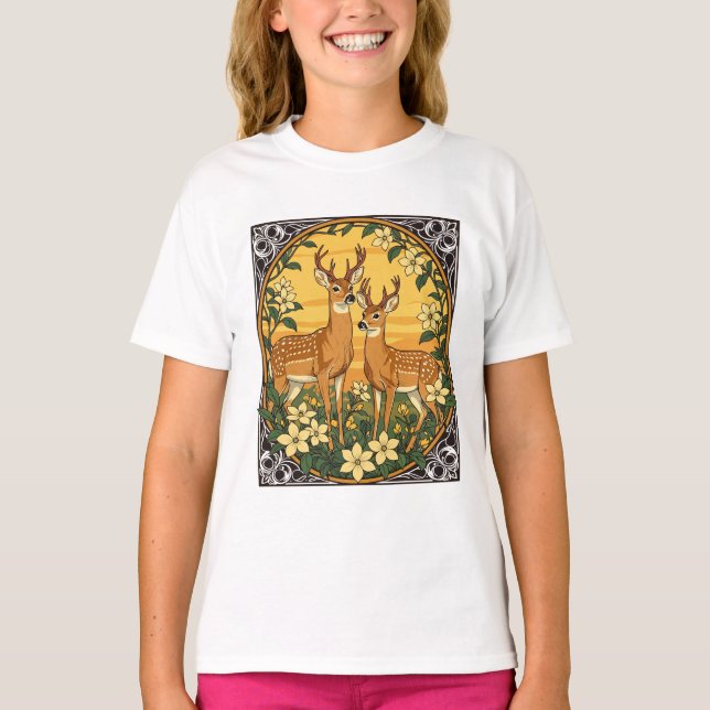 Whitetail Hjort och Gult Jasmine Flowers T Shirt (Framsida)