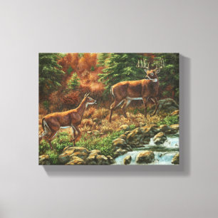 Whitetail Hjort och Waterfall Canvastryck
