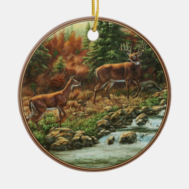 Whitetail Hjort och Waterfall Julgransprydnad Keramik (Framsidan)