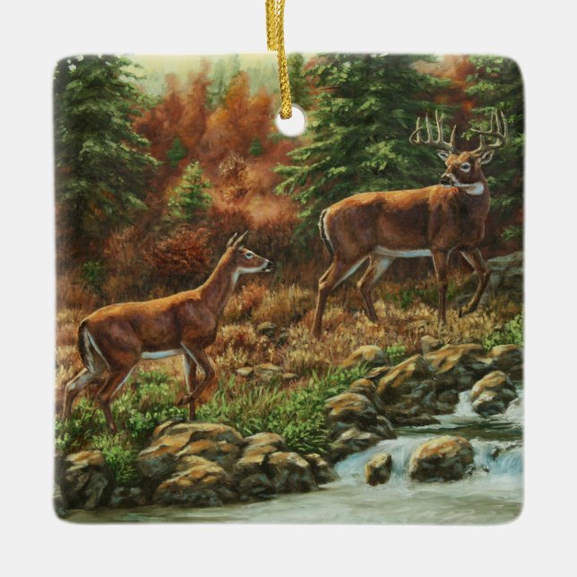 Whitetail Hjort och Waterfall Julgransprydnad Keramik (Framsida)