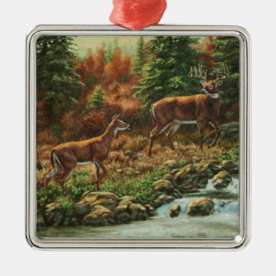 Whitetail Hjort och Waterfall Julgransprydnad Metall
