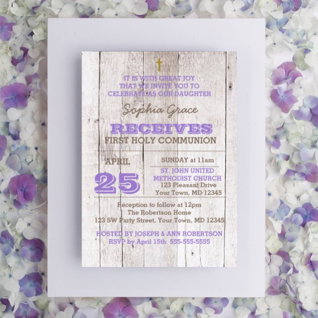 Whitewash Lilac Rustic First Heliga Communion Inbjudningar (Skapare uppladdad)