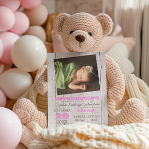 Whitewash Rosa Photo Birth Notice Meddelande Vykort