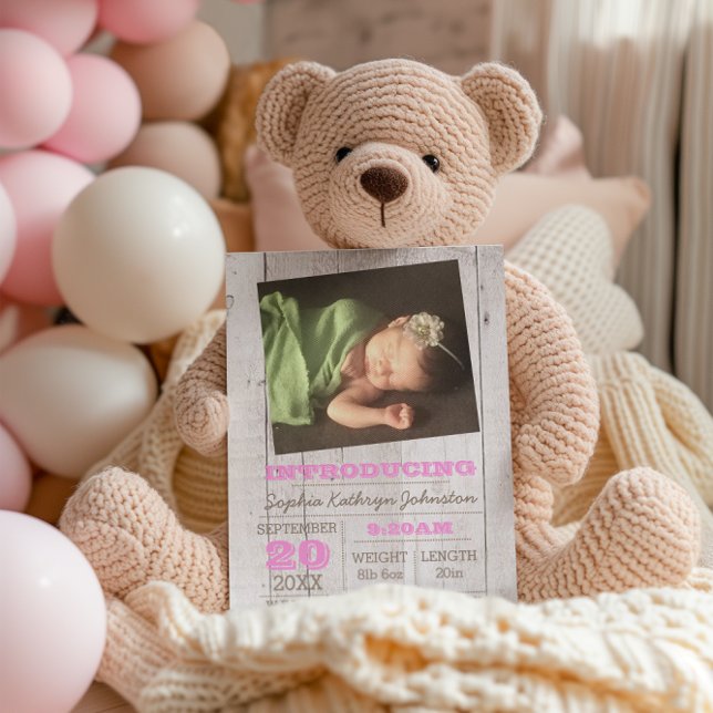 Whitewash Rosa Photo Birth Notice Meddelande Vykort (Skapare uppladdad)