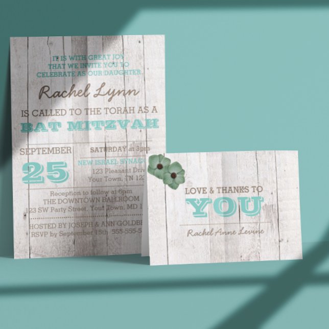 Whitewash Teal Bat mitzvah Tackkort (Skapare uppladdad)
