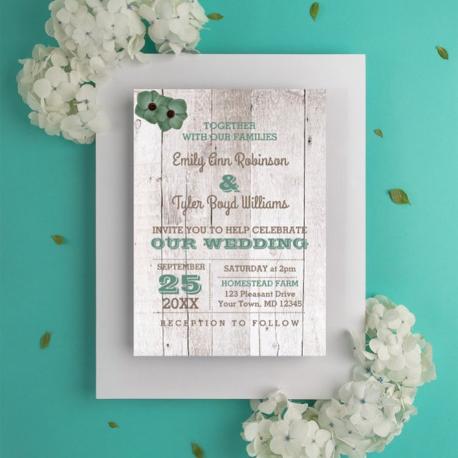 Whitewash Teal Rustic Wedding bjudande Inbjudningar (Skapare uppladdad)