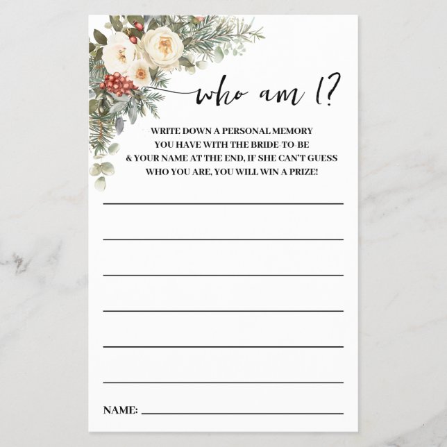 Who am I? Winter Flowers Bridal Shower Game Card Flygblad (Framsidan)