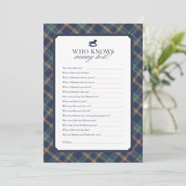 Who Knows Mommy Best Baby Shower Game Navy Plaid Rådkort (Stående Fram)
